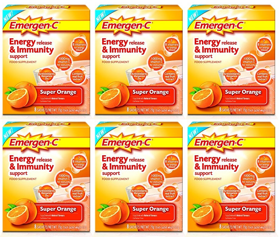 6 x Emergen-C Energy Release & Immunity Support Food Supplement Super Orange 8 Sachets 79G