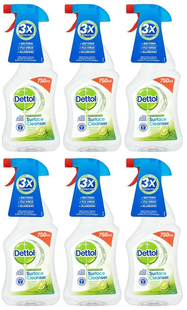 6 x Dettol Antibacterial Surface Cleanser Lime & Mint 750Ml