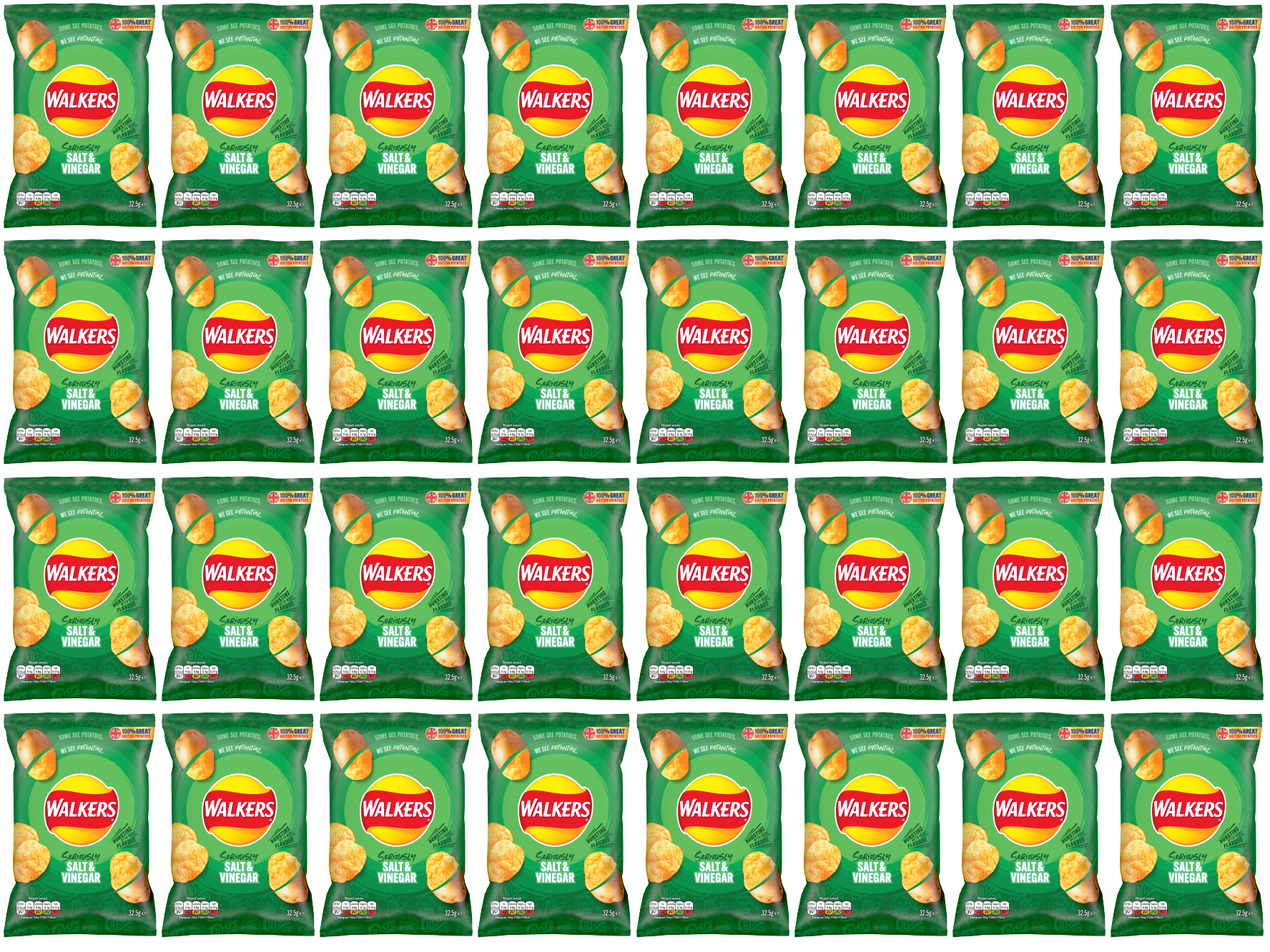 32 x Walkers Salt & Vinegar 32.5Gm