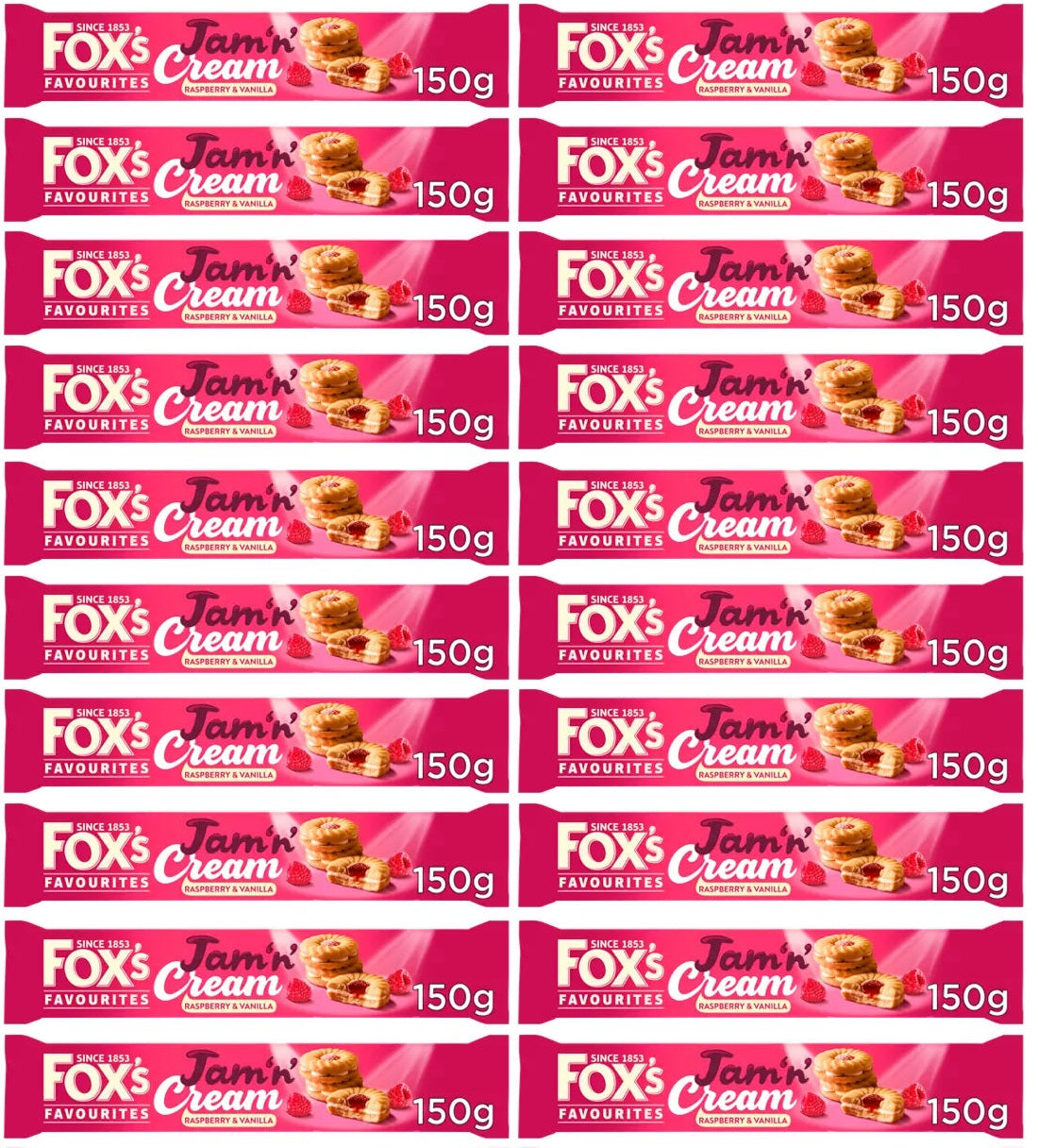 20 x Fox's Favourites Jam  N  Cream Raspberry & Vanilla 150G