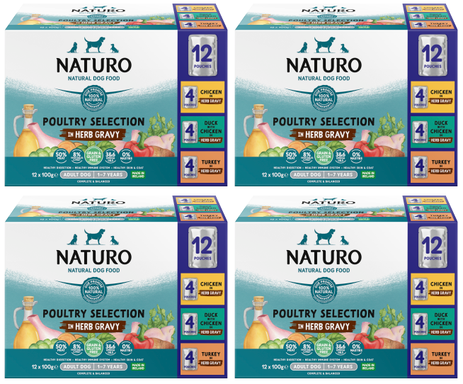 4 x Naturo Adult Dog Pouch Selection Gravy 12 Pack - 12X100GM