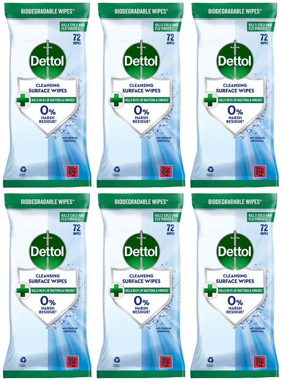 6 X Dettol Surface Wipes - 72 Pack