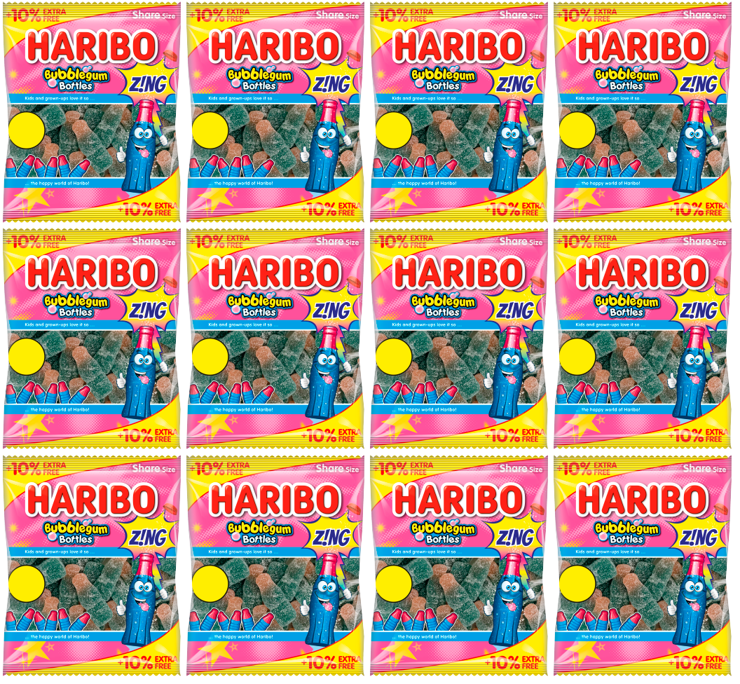 12 x Haribo Bubblegum Bottles Zing (10% Extra Free) - 176GM