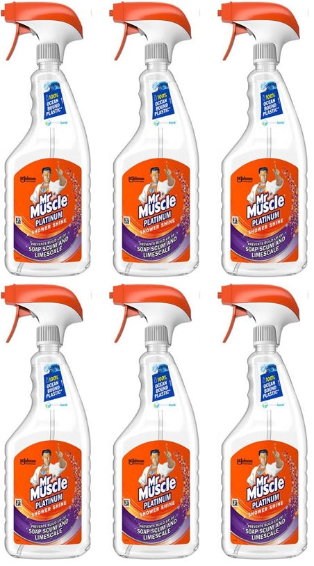 6 x Mr Muscle Platinum Shower Shine Cleaning Spray 750 Ml