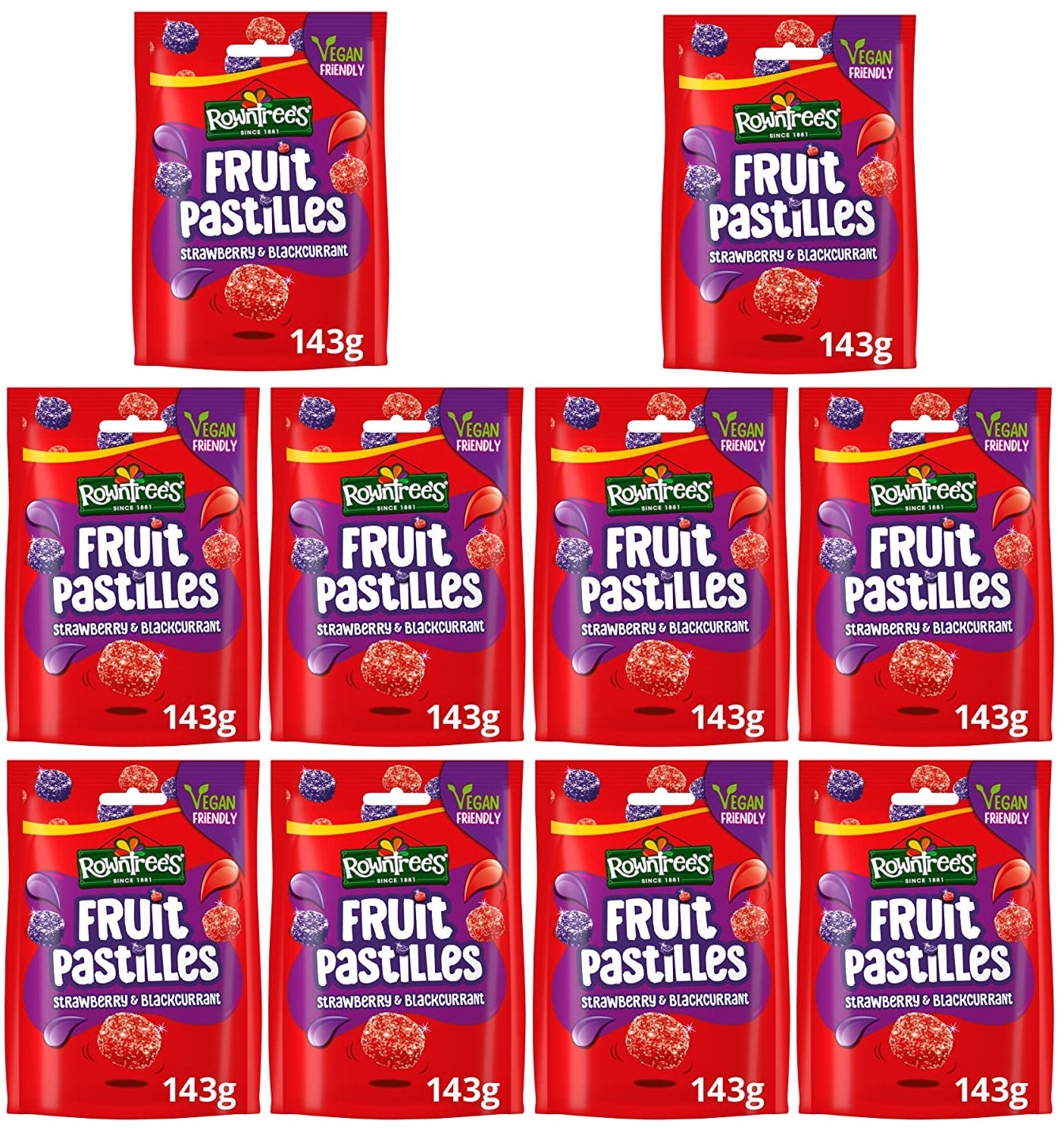 10 x Rowntree's Fruit Pastilles Vegan Friendly Strawberry & Blackcurrant Sharing Pouch 143G