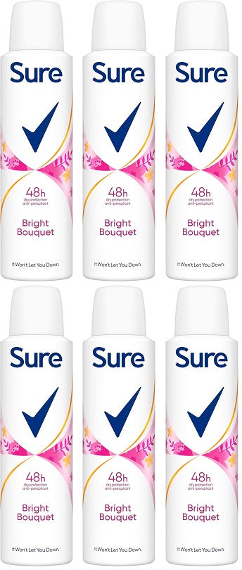 6 x Sure  Anti-Perspirant Aerosol Bright Bouquet 150 Ml