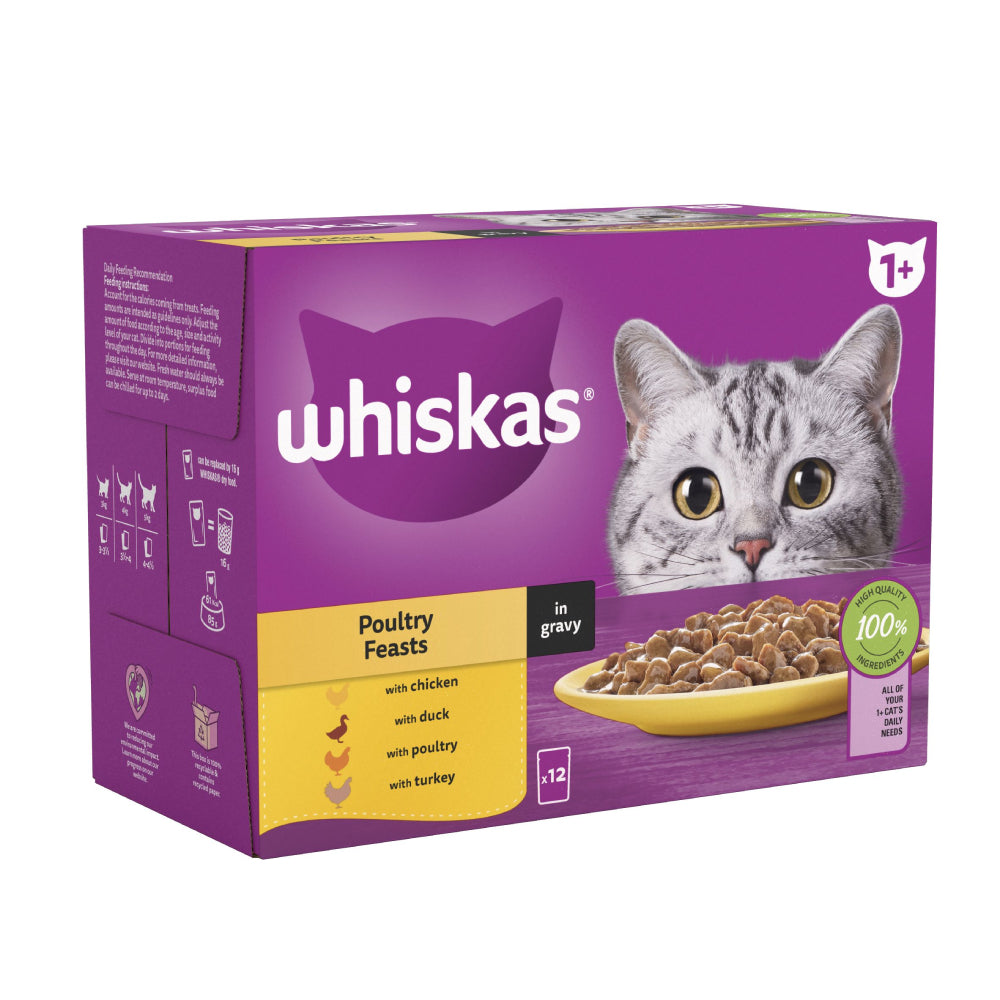 4 x Whiskas 1+ Poultry Feasts In Gravy 12 X 85G (1.02Kg)