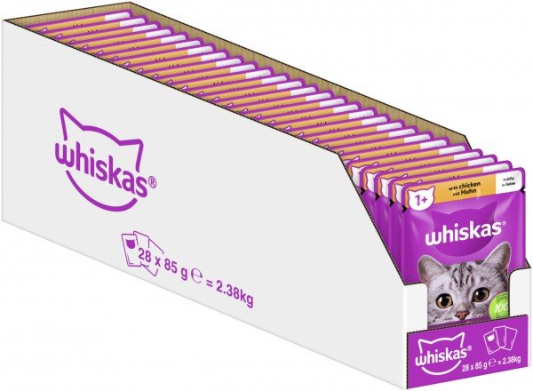 28 x Whiskas 1+ Adult Wet Cat Food Pouches In Jelly With Chicken 85G