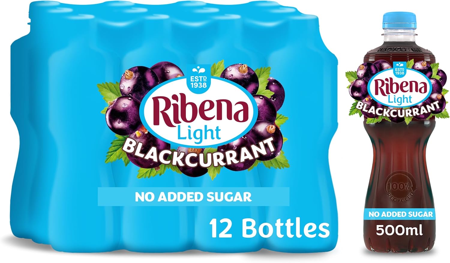 12 x Ribena Blackcurrant Juice Drink No Added Sugar 500Ml