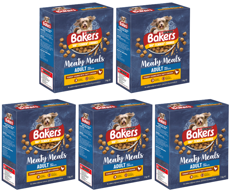 5 X Purina Bakers Complete Meaty Meals With Tasty Chicken 1Kg