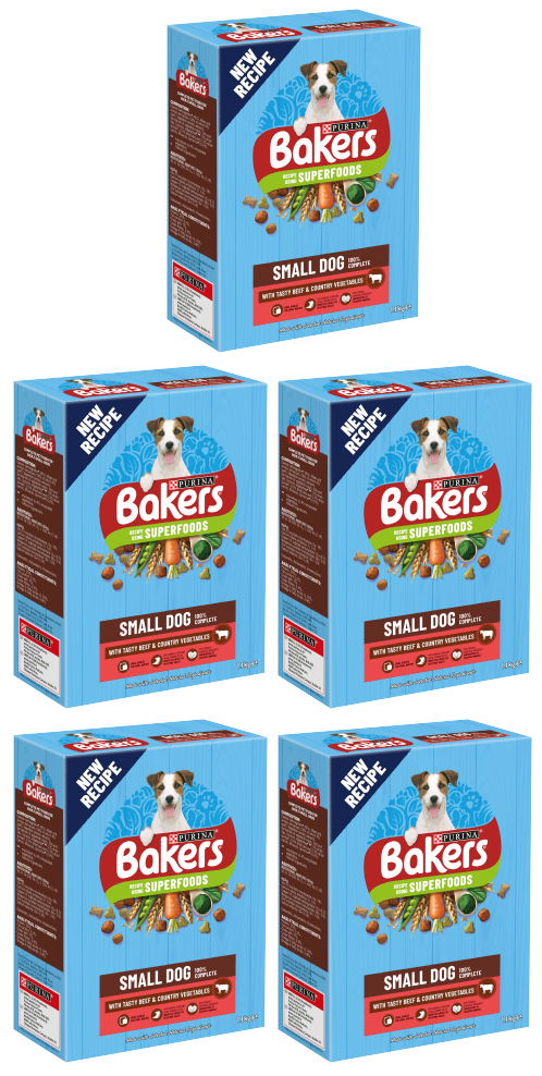 5 X Purina Bakers Complete Small Dog Beef Veg And Wholegrain 1.1Kg