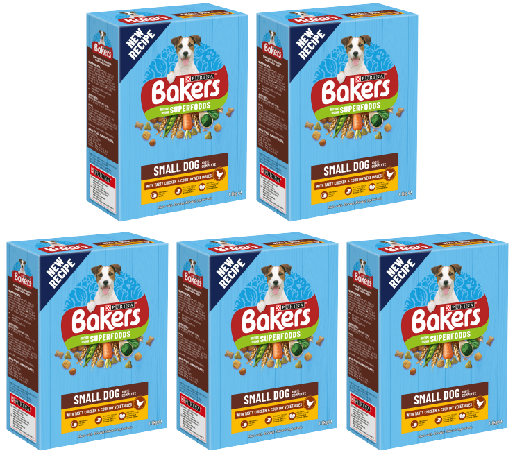 5 X Purina Bakers Small Dog Chicken Rice & Veg & Wholgrain 1.1Kg