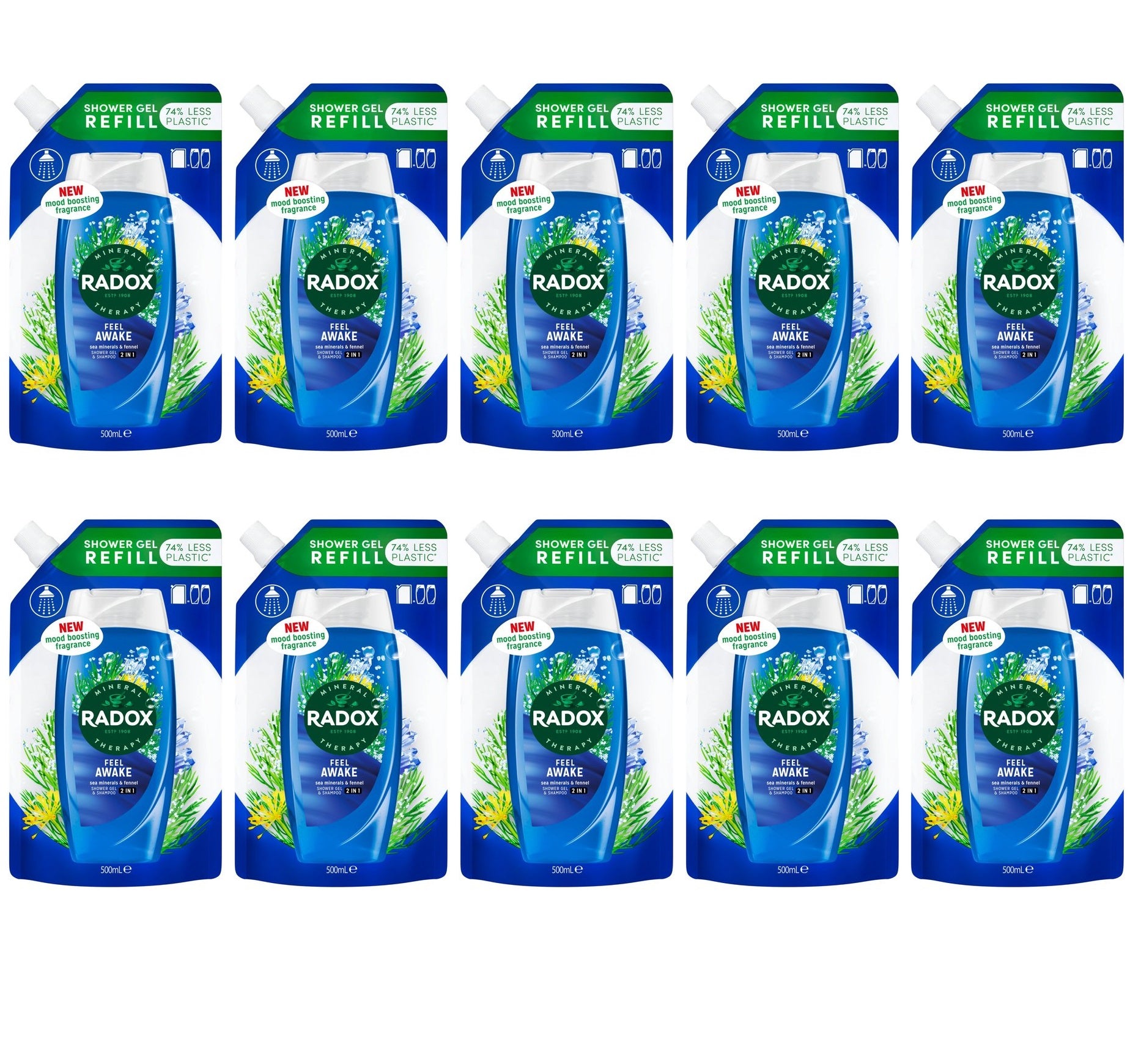 10 x Radox Mineral Therapy Body Wash Feel Awake Refill Pouch 500 Ml