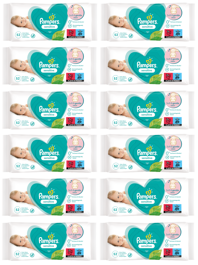 12 x Pampers Sensitive Wipes 52 Pack