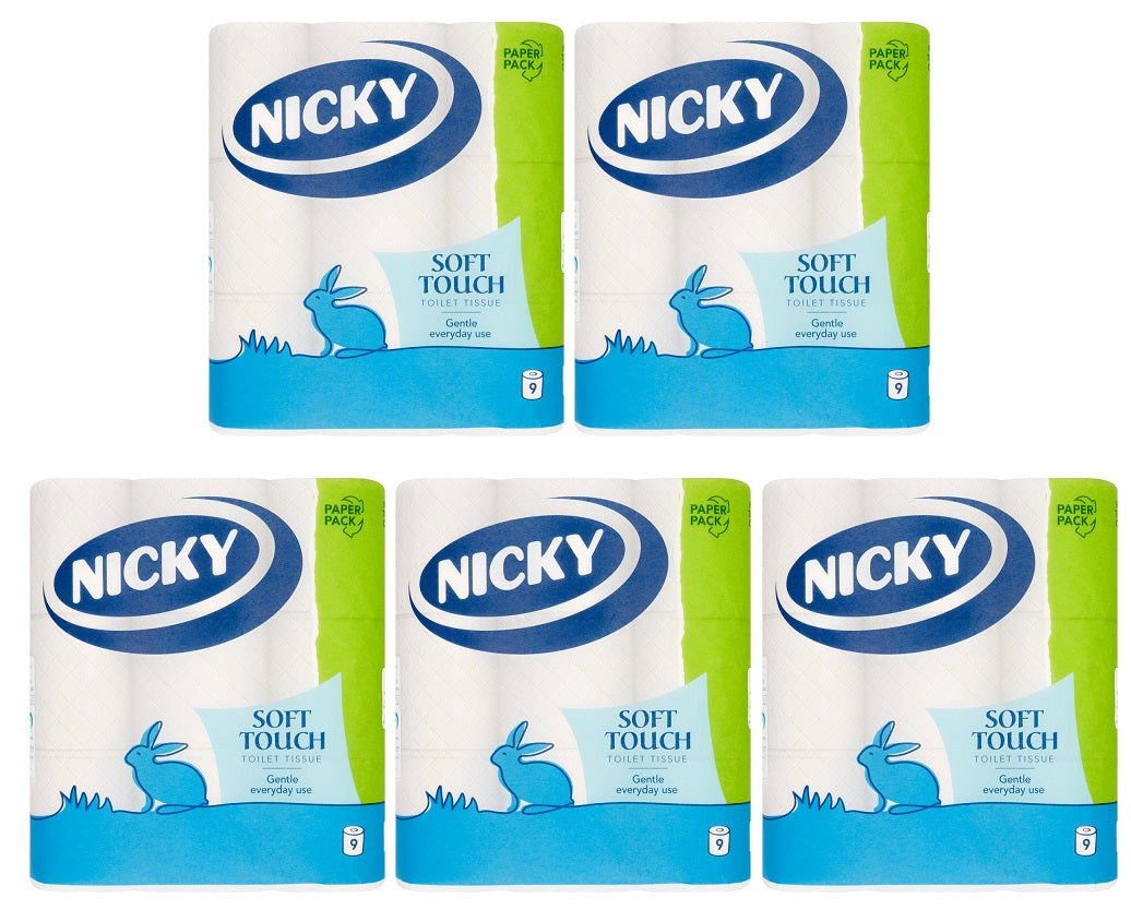5 x Nicky Soft Touch Toilet Tissue 9 Rolls