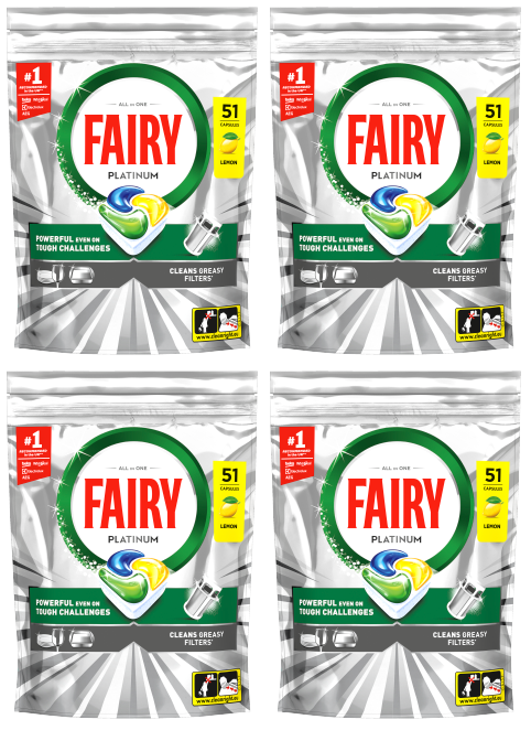 4 X Fairy Platinum Dishwash Tablet Lemon - 51 Pack