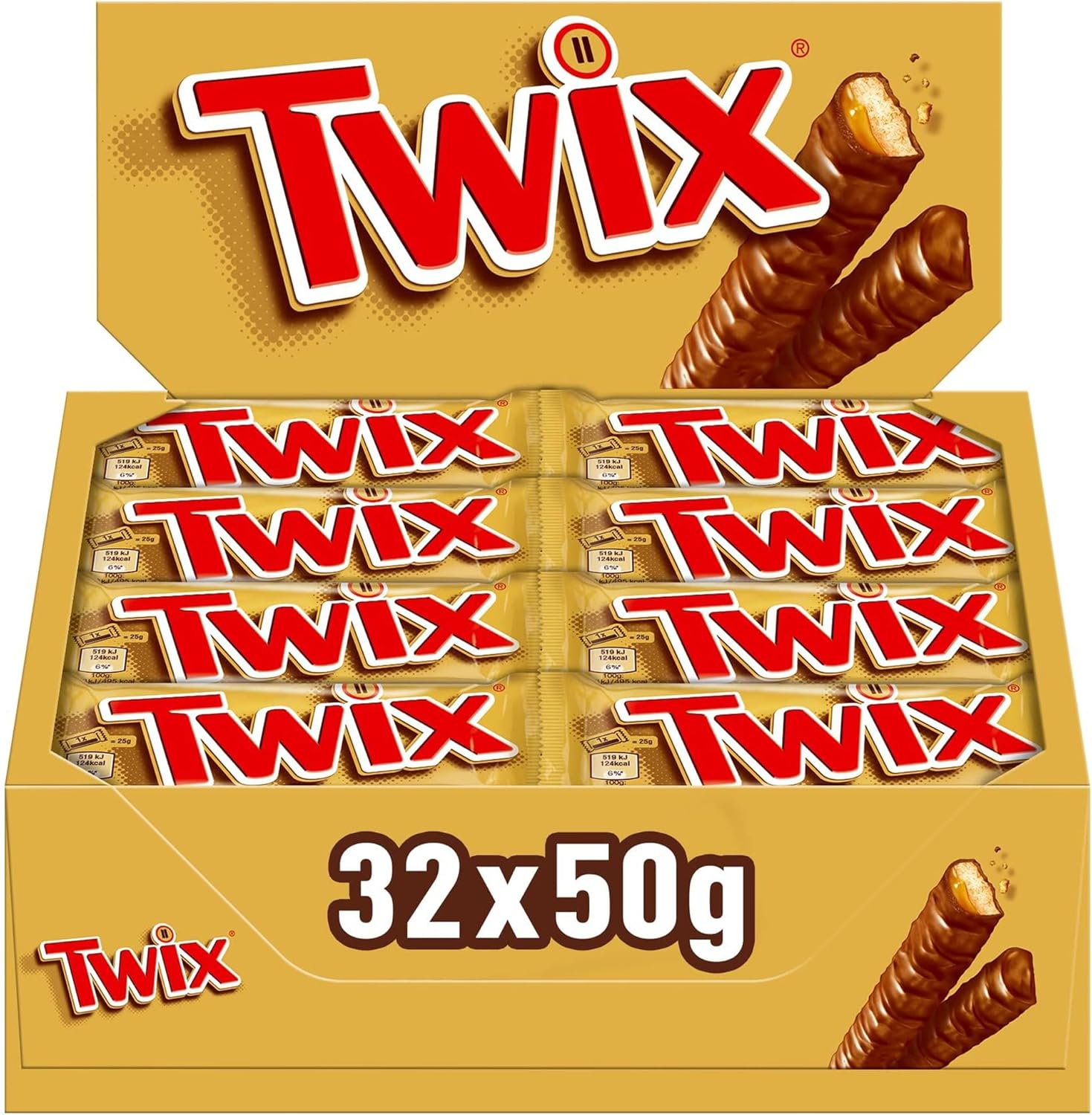 32 x Twix Caramel & Milk Chocolate Fingers Biscuit Snack Bar 50G