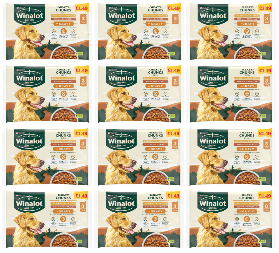 12 x Purina Winalot Dog Meaty Chunks Pouch Gravy 3 Pack - 3X100G