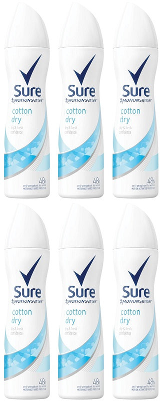 6 x Sure Women Anti-Perspirant Deodorant Aerosol Cotton Dry 150 Ml