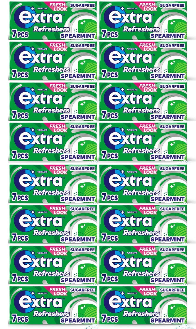 16 x Extra Refreshers Spearmint Sugar Free Chewing Gum Handy Box 7Pcs