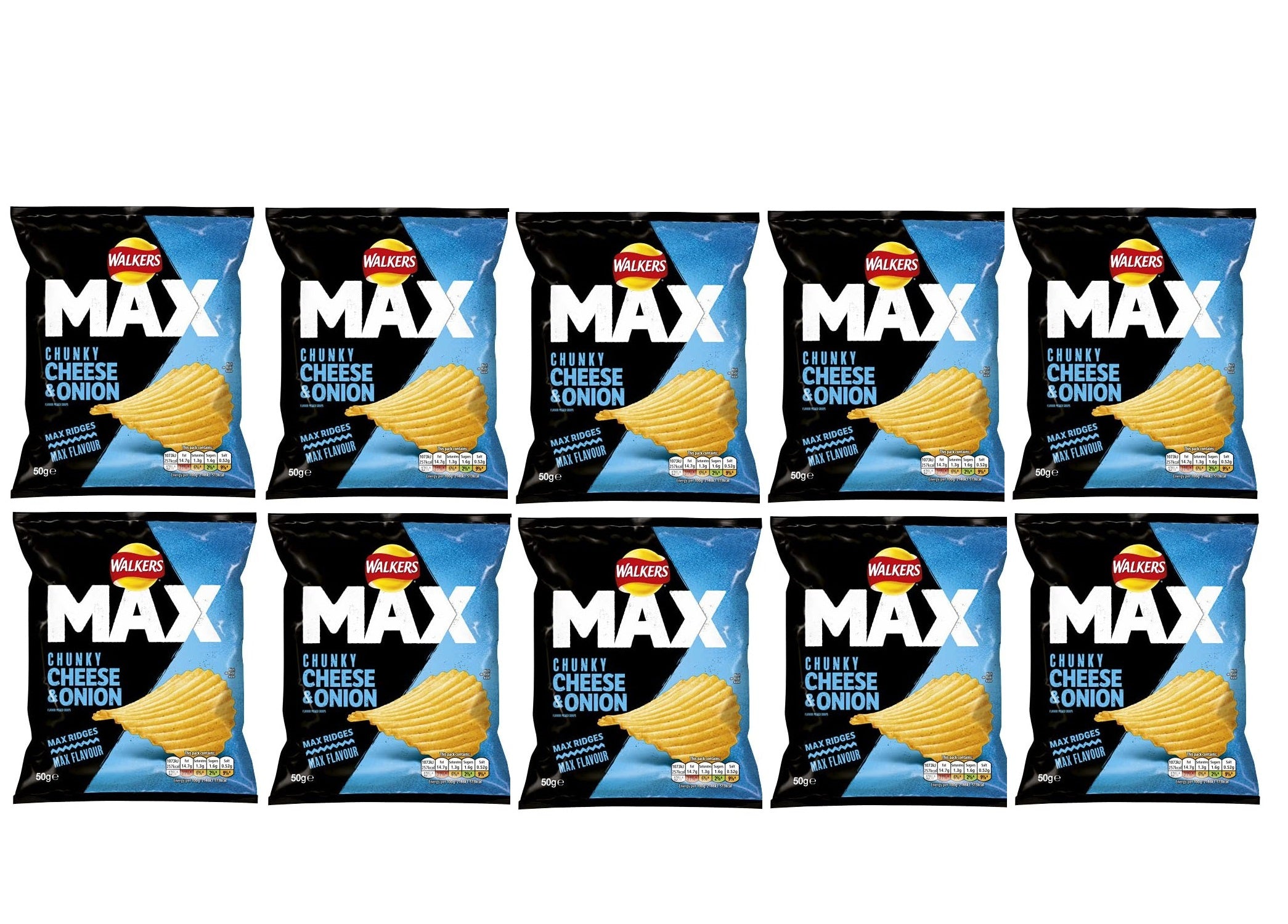 10 X Walkers Max Cheese & Onion Crisps 50g