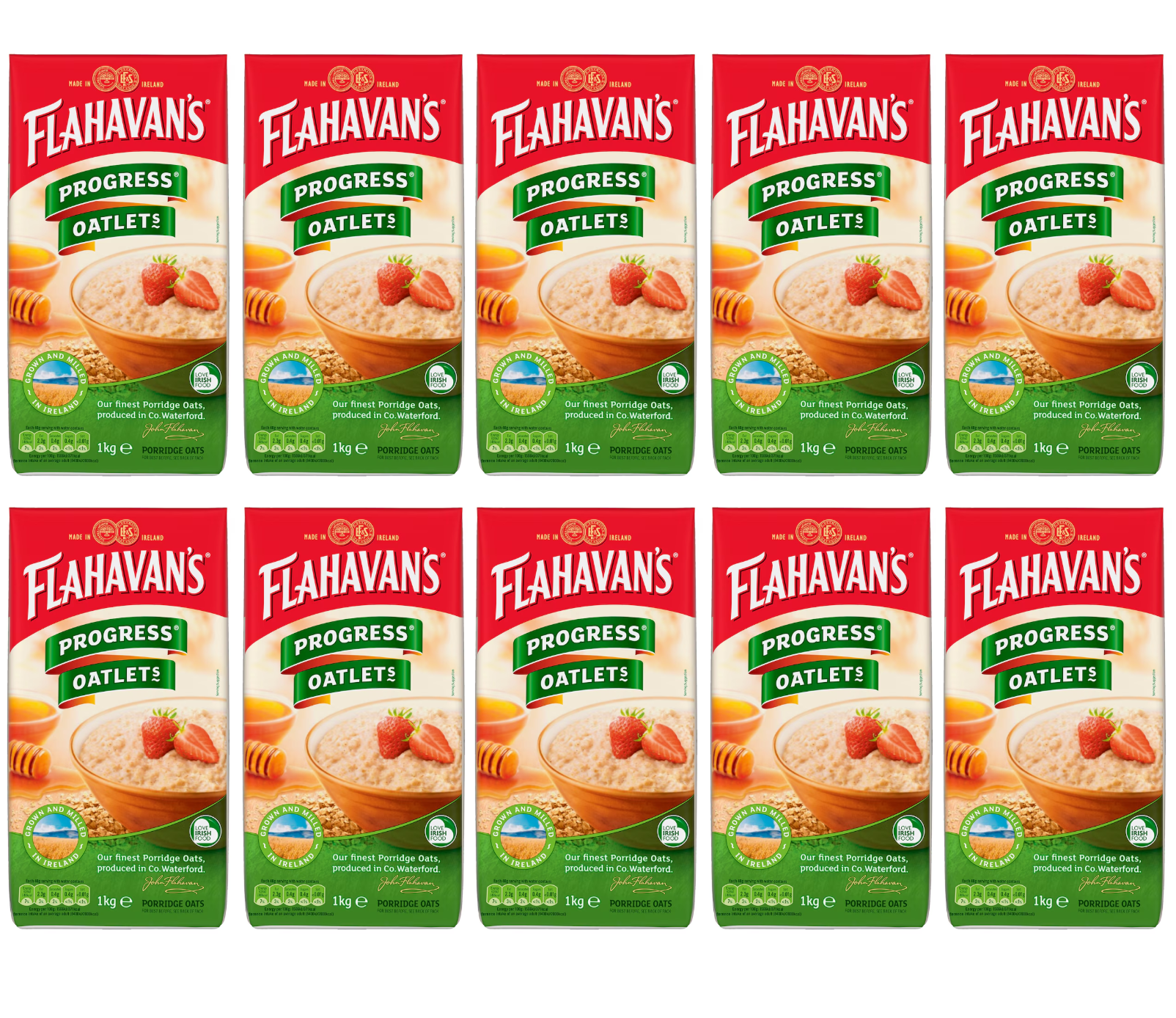 10 x Flahavans Progress Oatlets Porridge Oats 1Kg