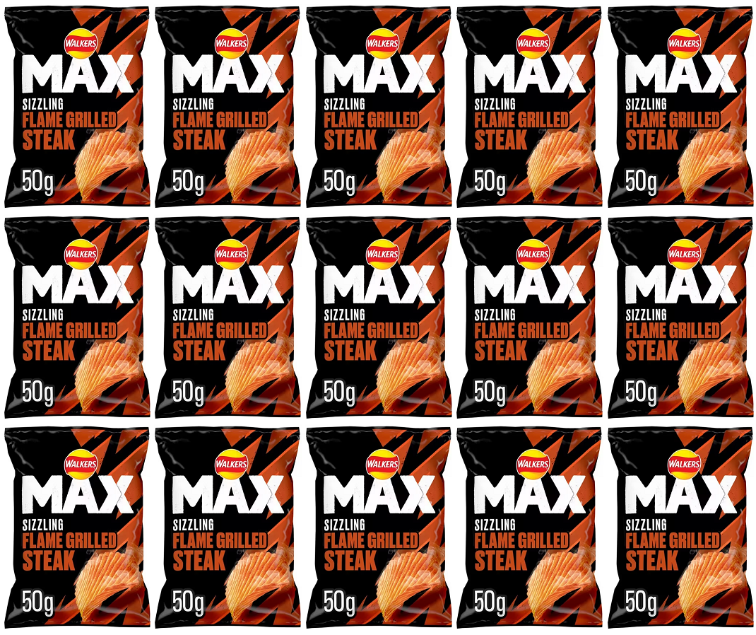 15 x Walkers Max Flamed Grilled Steak - 70GM