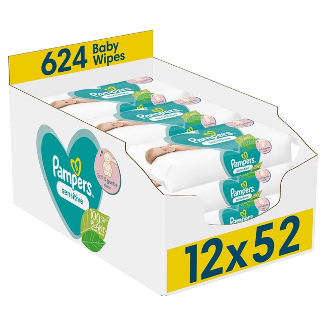 12 x Pampers Sensitive Baby Wipes 1 Pack 52 Wipes