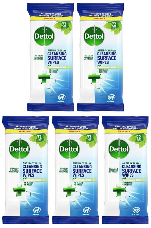 5 x Dettol Antibacterial Cleansing Surface Wipes 72 Large Wipes