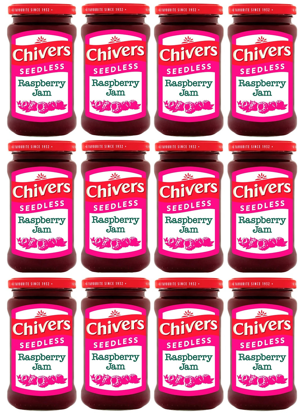 Chivers Jelly Raspberry 12 x Chivers Seedless Raspberry Jam 370G