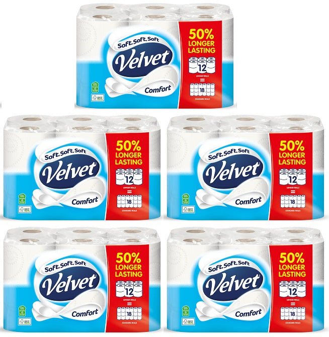 5 x Velvet Comfort Toilet Roll 6 Rolls 50% Longer Lasting