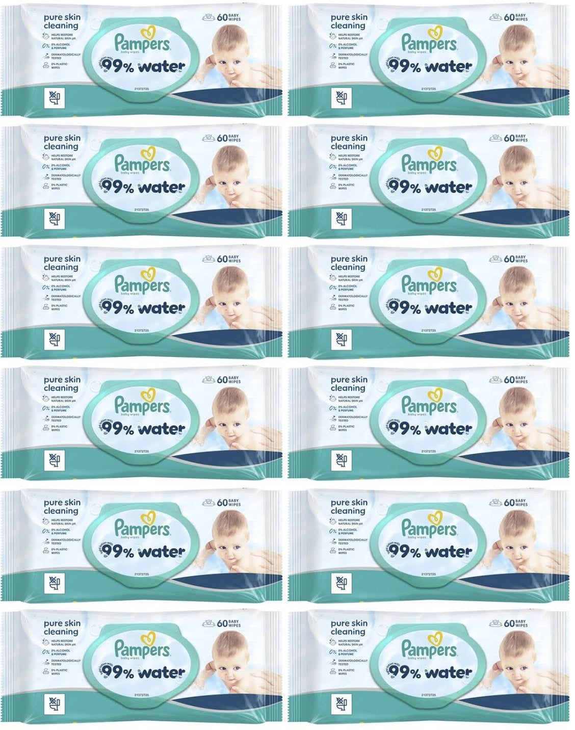 12 X Pampers Wipes 99% Water - 60 Pack