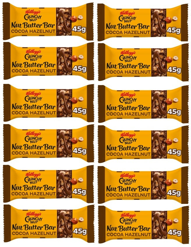 12 X Kellogg's Crunchy Nut Butter Bar Cocoa Hazelnut 45Gm