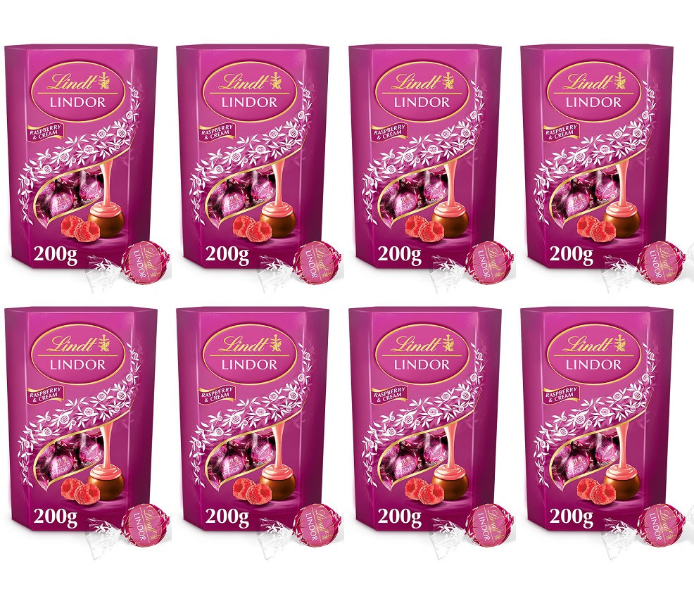 8 x Lindt Lindor Raspberry & Cream Box Cornet - 200GM