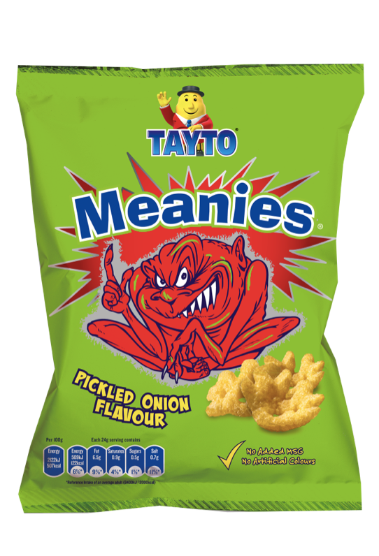 thumbnail image 2 of Tayto Meanies Pickled Onion Crisps – 12 Bags (17g Each) – Total 204g – Irish Favorite Snacks 2 of 4
