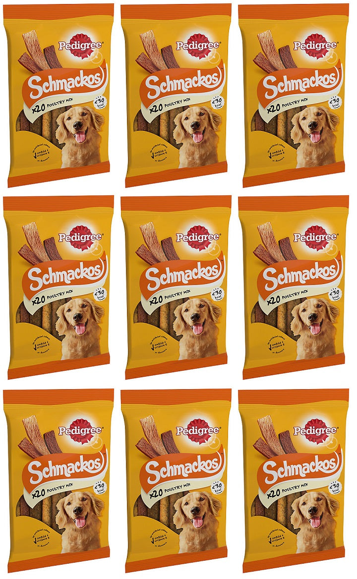 9 X Pedigree Schmackos Poultry Mix 20 Pack - 144Gm
