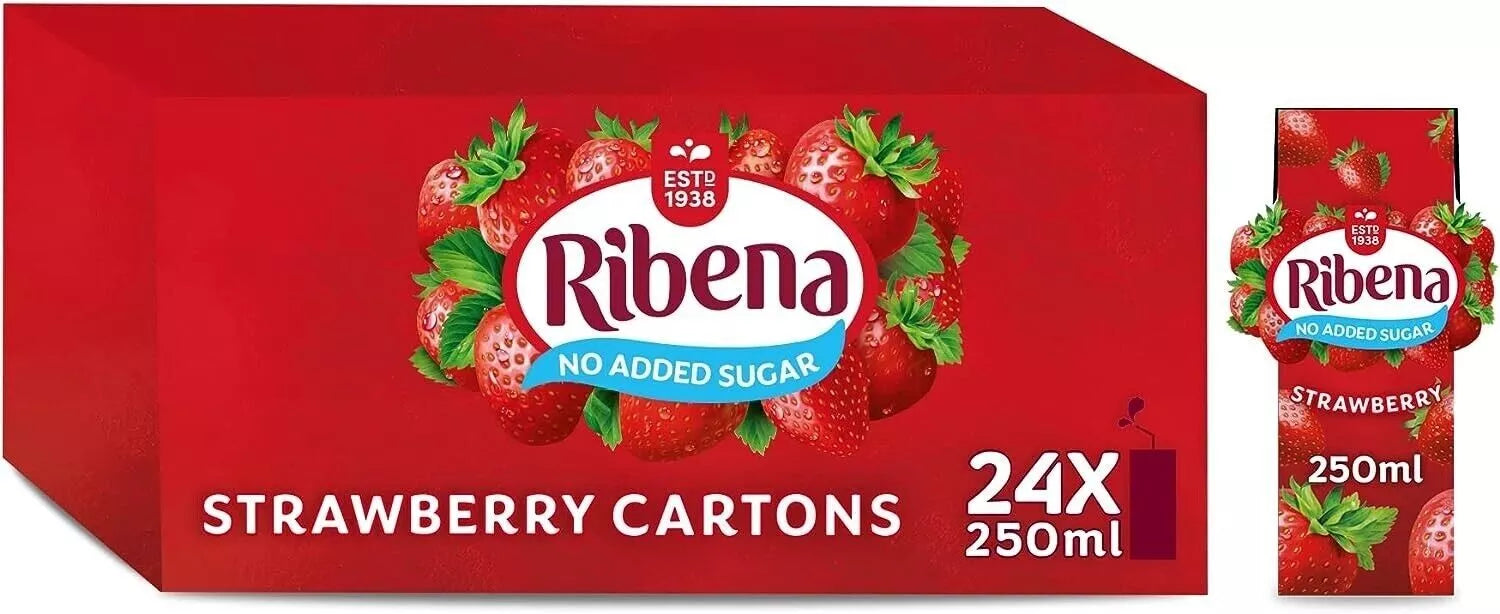 24 x Ribena No Added Sugar Strawberry Juice Drink Carton 250Ml