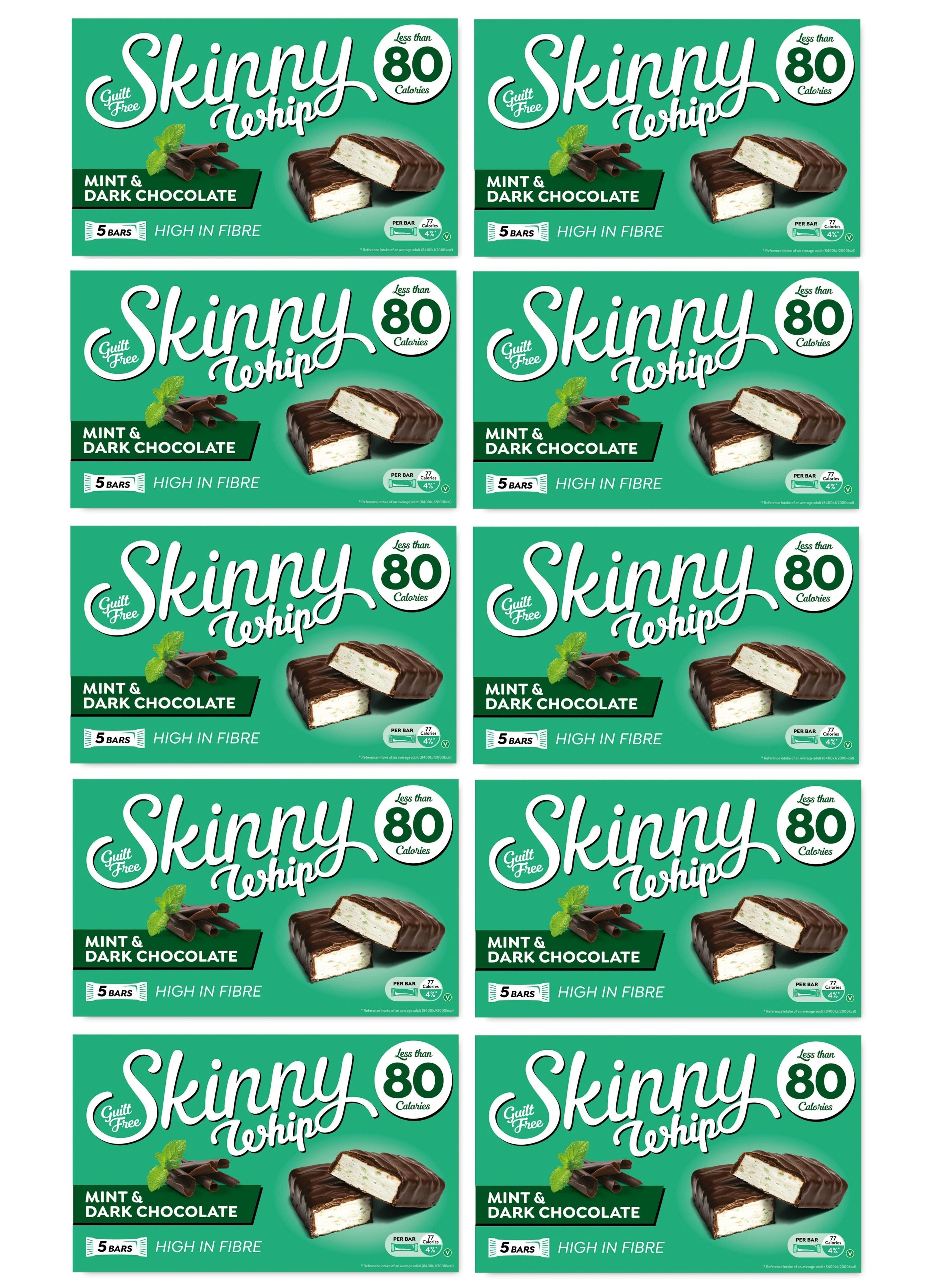 10 x Skinny Whip Mint & Dark Choc Snack Bars 5 Pk 5X25Gm