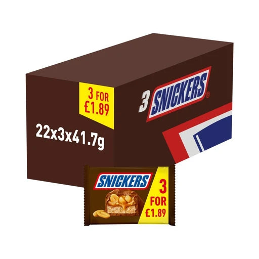 22 X Snickers Milk Chocolate Bars 3Pk - 3X41.7Gm