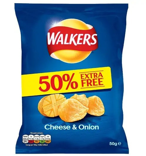 32 x Walkers Unmistakably Cheese & Onion 32.5G +50 Extra