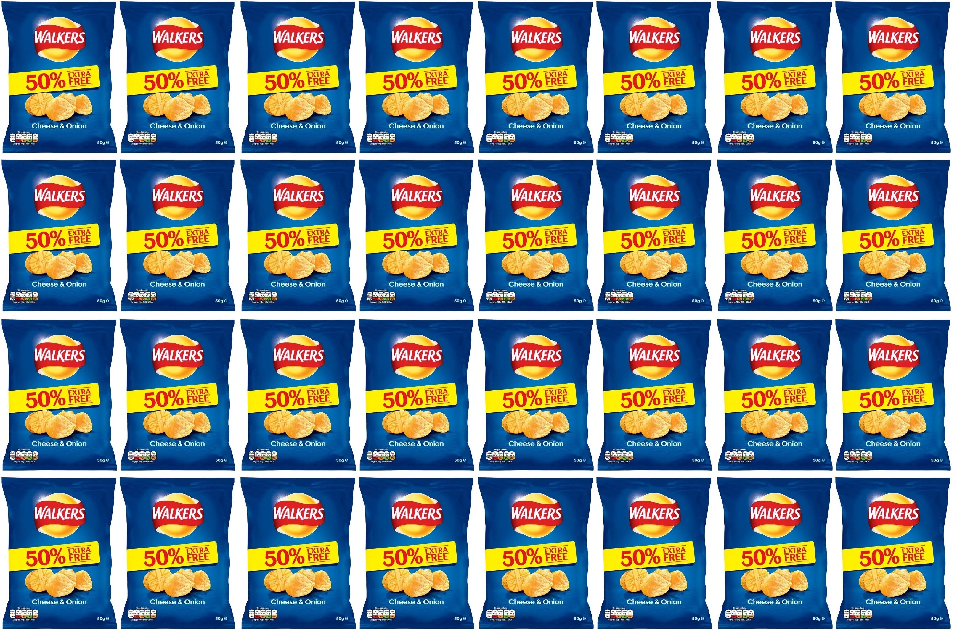 32 x Walkers Unmistakably Cheese & Onion 32.5G +50 Extra