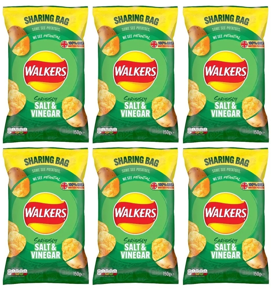 6 X Walkers Salt & Vinegar Sharing Bag - 150Gm