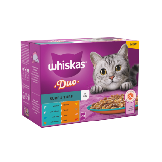 4-x-Whiskas-Cat-1+-Pouch-Jelly-Duo-Surf-&-Turf-12-Pack-12X85Gm